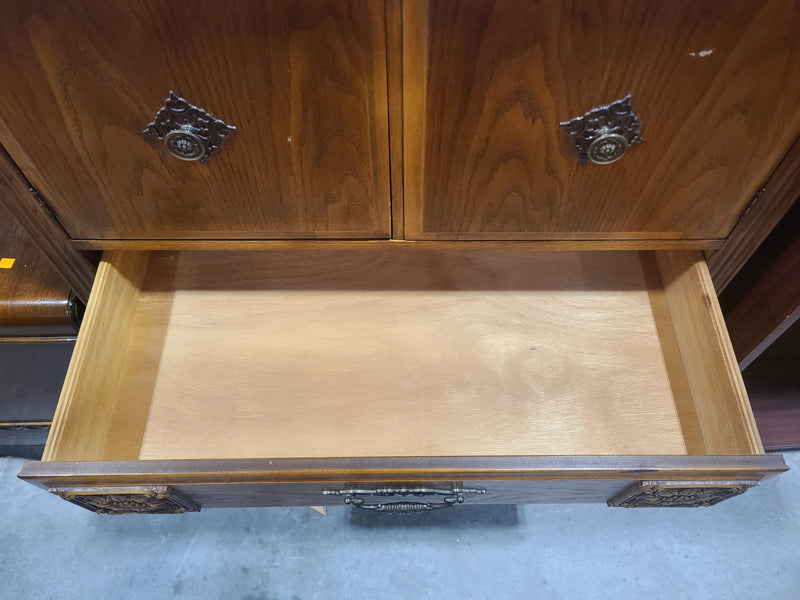 Vintage Floral-Carved Wood Armoire Chest of Drawers – Medium Oak Finish