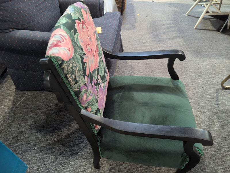 Black Armchair with Green Fabric and Floral Designs