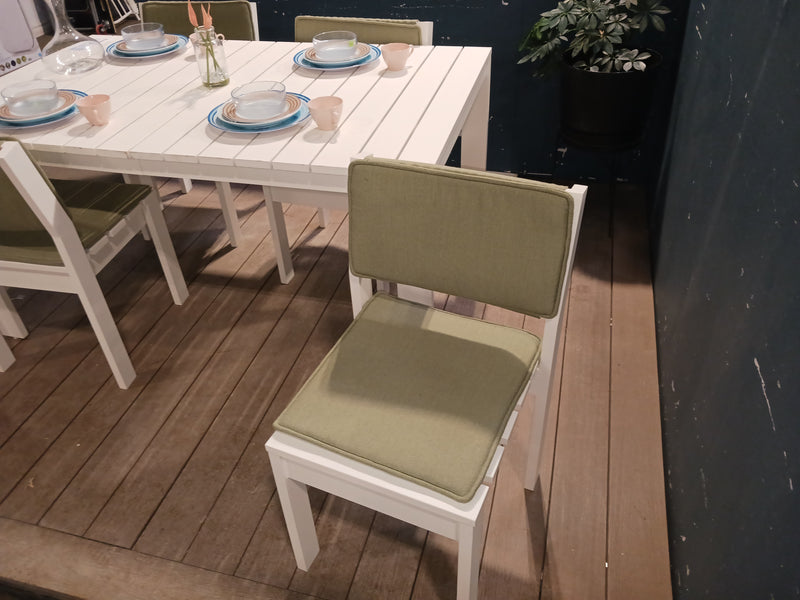 White Patio Table & 4 White Chairs with Green Cushions