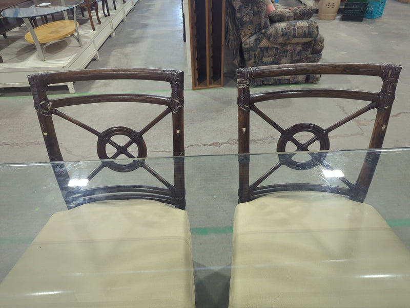 McGuire Bamboo + Raw Hide Chairs with Geometric Base Glass Table