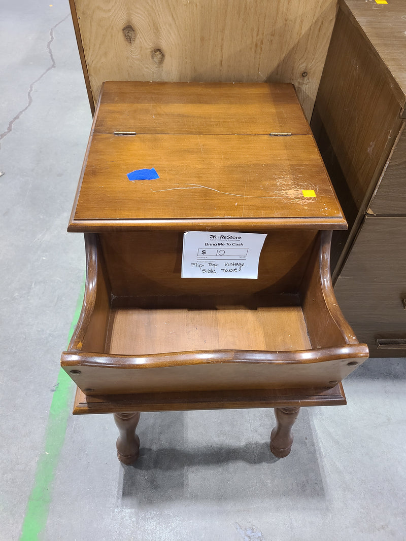 Vintage Mid-Century Step Table with Flip-Top Storage & Built-In Magazine Cradle