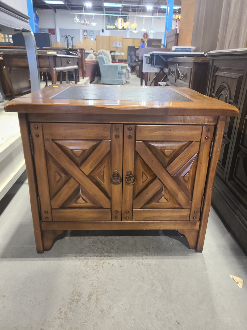 Rustic Wooden End Table Cabinet with Slate Top Inlay