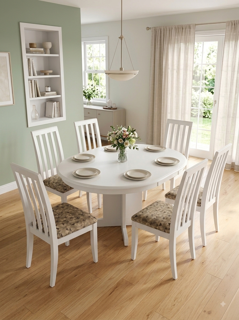 White Extension Pedestal Dining Table with 6 Upholstered Chairs