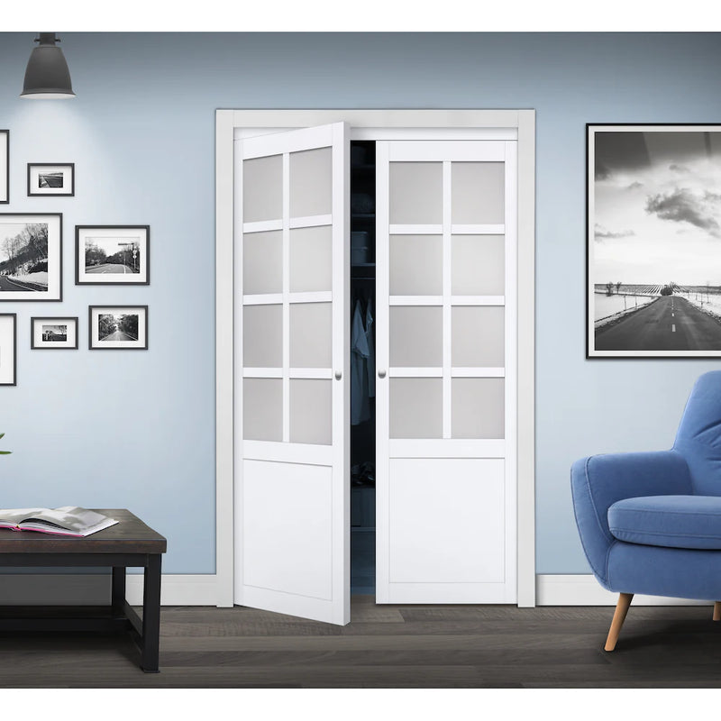 Provincial 8-Lite White Framed Frosted Glass Pivot Closet Doors