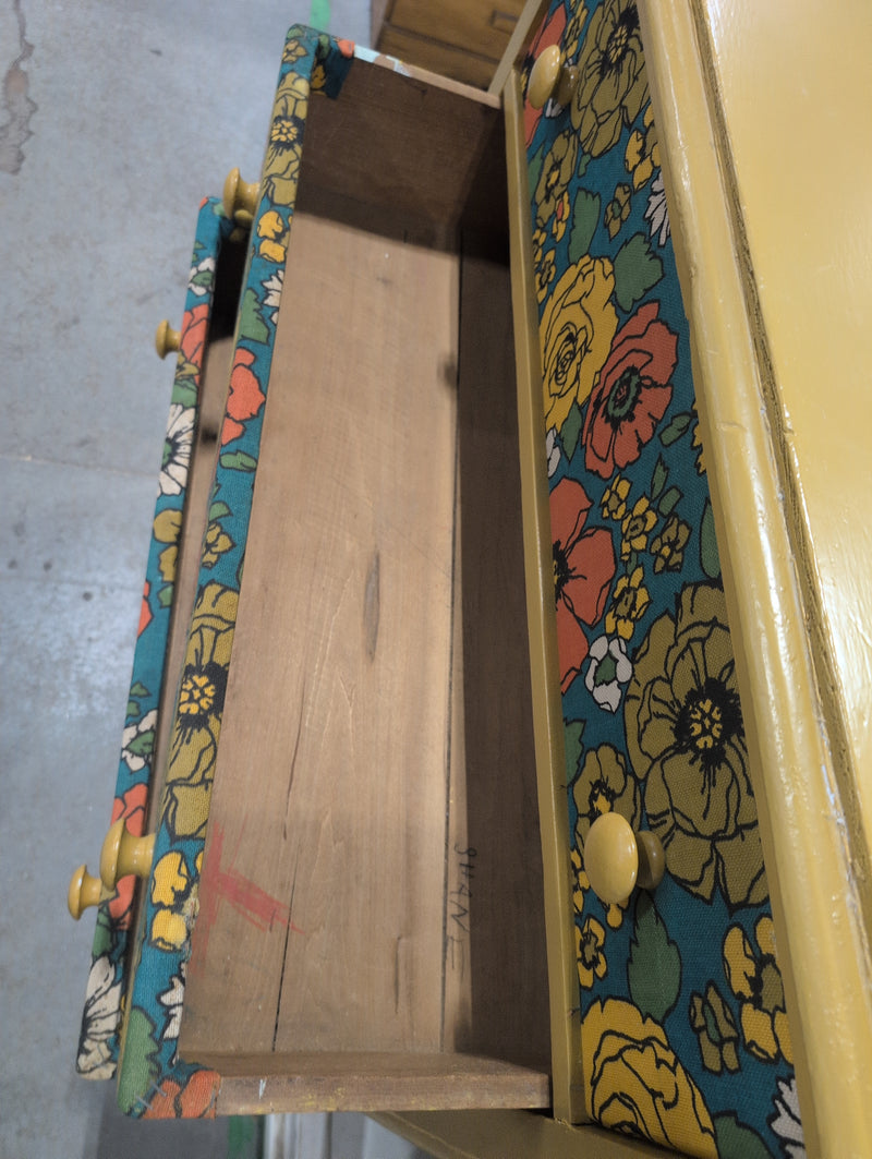 Mustard Yellow Dresser with Floral Fabric Covered Drawers