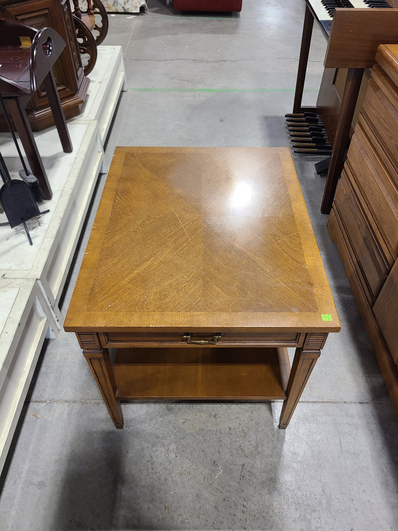 Vintage Broyhill Parquet Top Wood End Table with Drawer & Storage Shelf