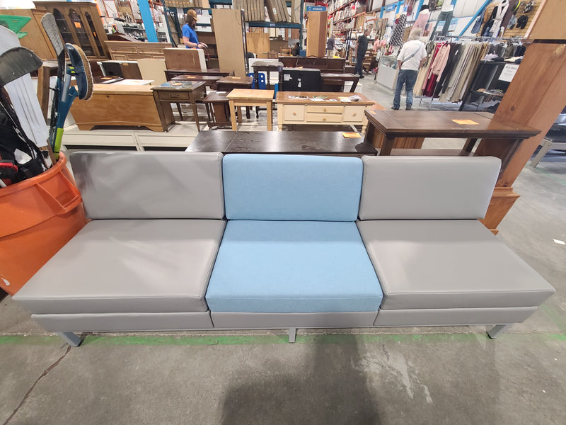 Modern Modular 3-Piece Armless Bench Sofa in Grey Faux Leather & Light Blue Fabric