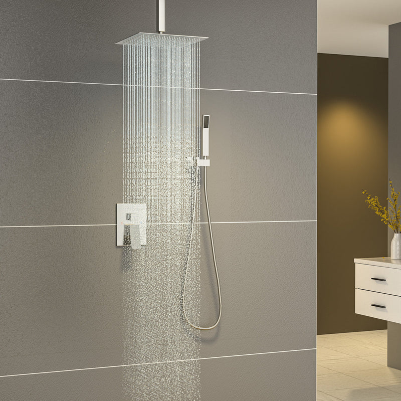 Luxury Ceiling-Mount Rain Shower System Combo Set in Brushed Nickel