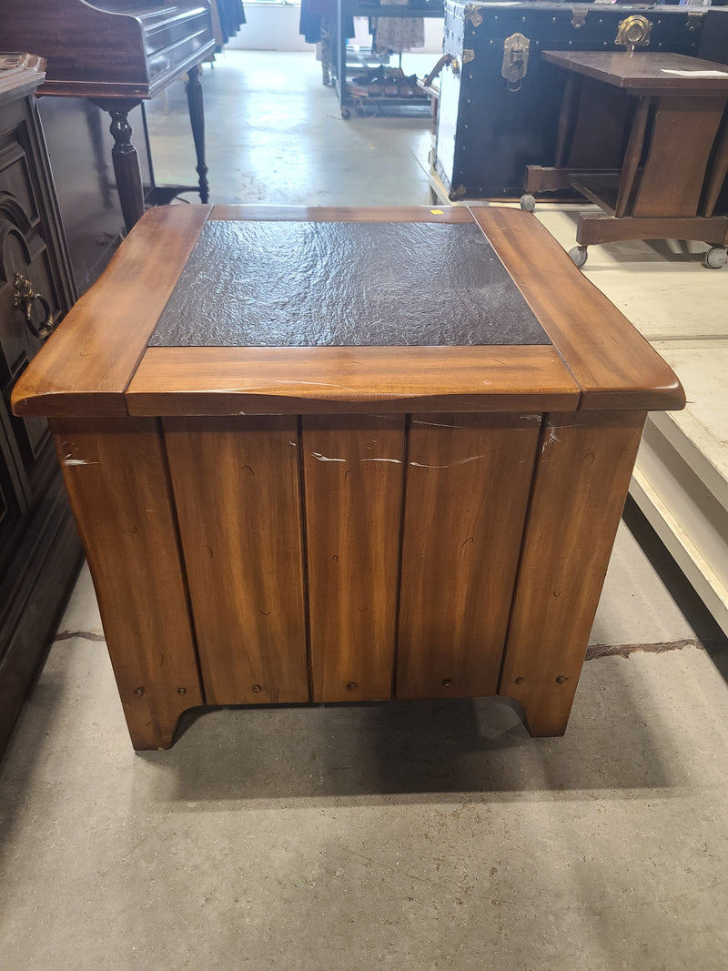 Rustic Wooden End Table Cabinet with Slate Top Inlay