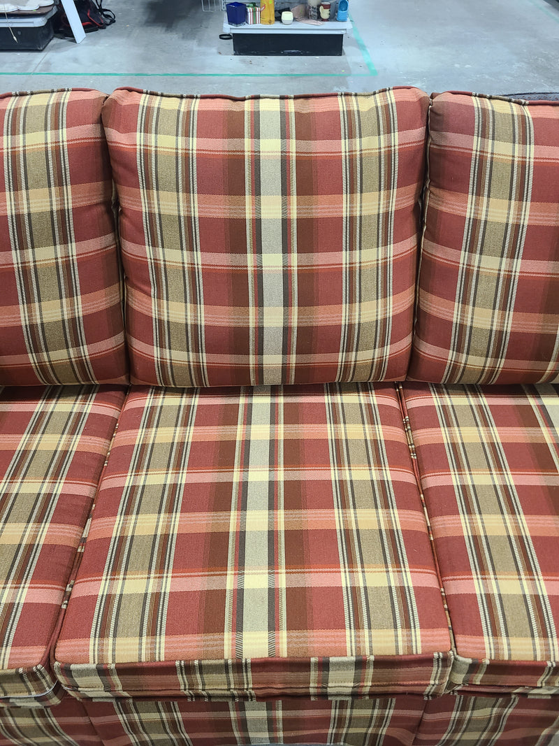 Plaid Upholstered Three-Cushion Sofa with Rolled Arms