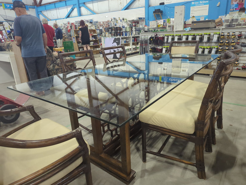 McGuire Bamboo + Raw Hide Chairs with Geometric Base Glass Table