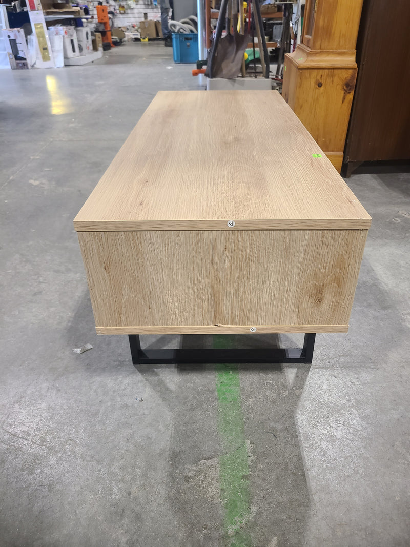 Modern Light Oak Media Console & Low Coffee Table with Metal Legs