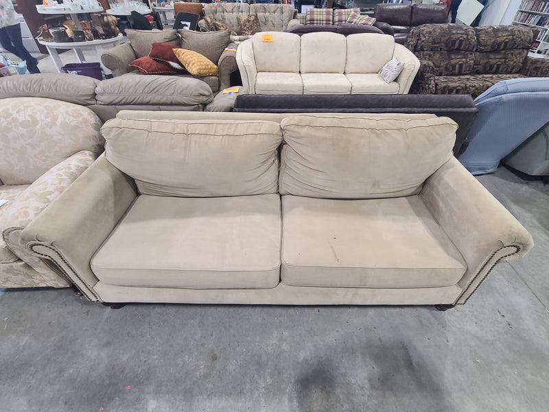 Traditional Beige Fabric Rolled-Arm Sofa with Nailhead Trim