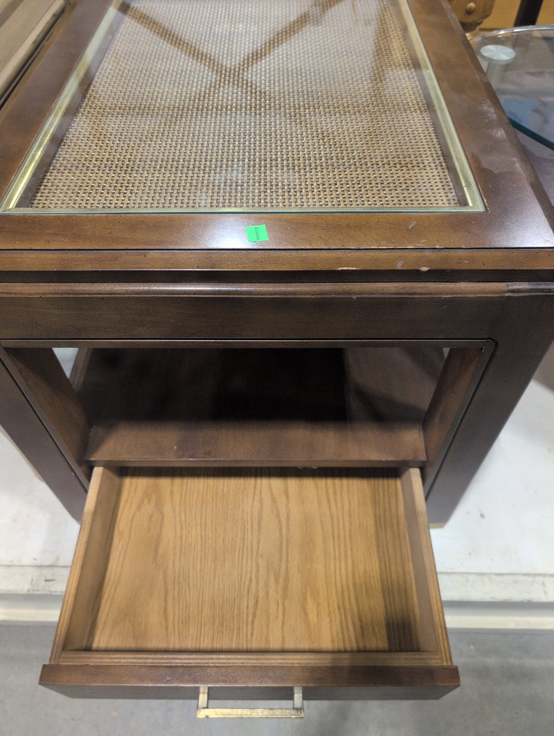 Wooden Side Table with Cane/Rattan Webbing and Glass Top