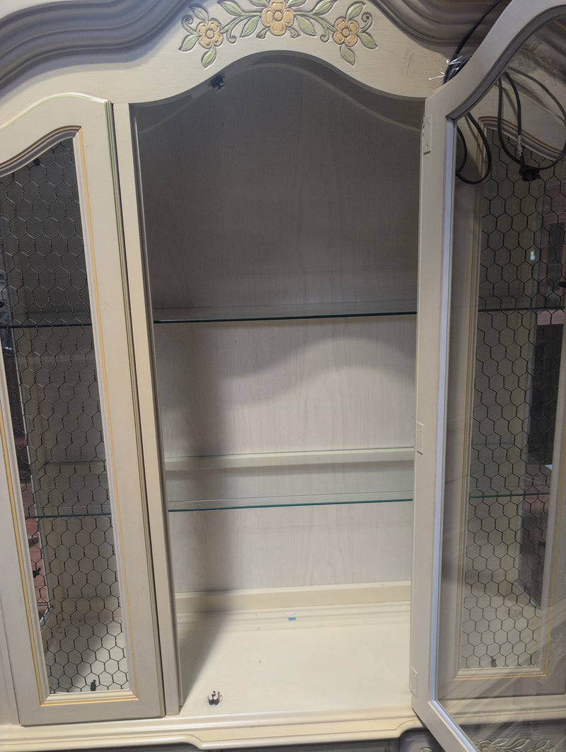 Vintage Wooden Yellow Hutch Buffet with Floral Designs, Windows, and Internal Light