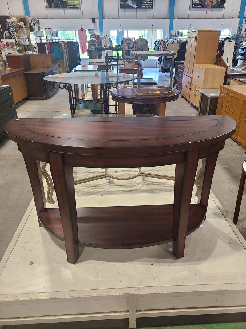 Dark Cherry Wood Half-Moon Console Table with Lower Storage Shelf