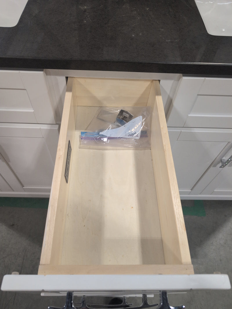White Bathroom Vanity with Double Sink and Sparkly Handles