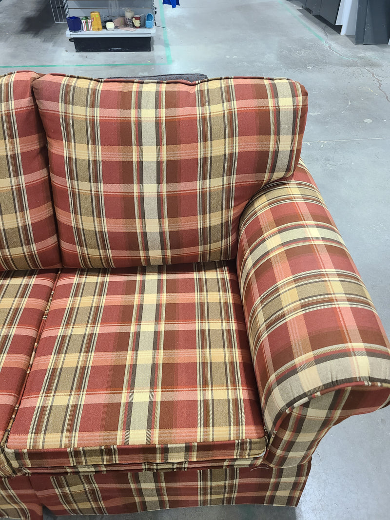 Plaid Upholstered Three-Cushion Sofa with Rolled Arms