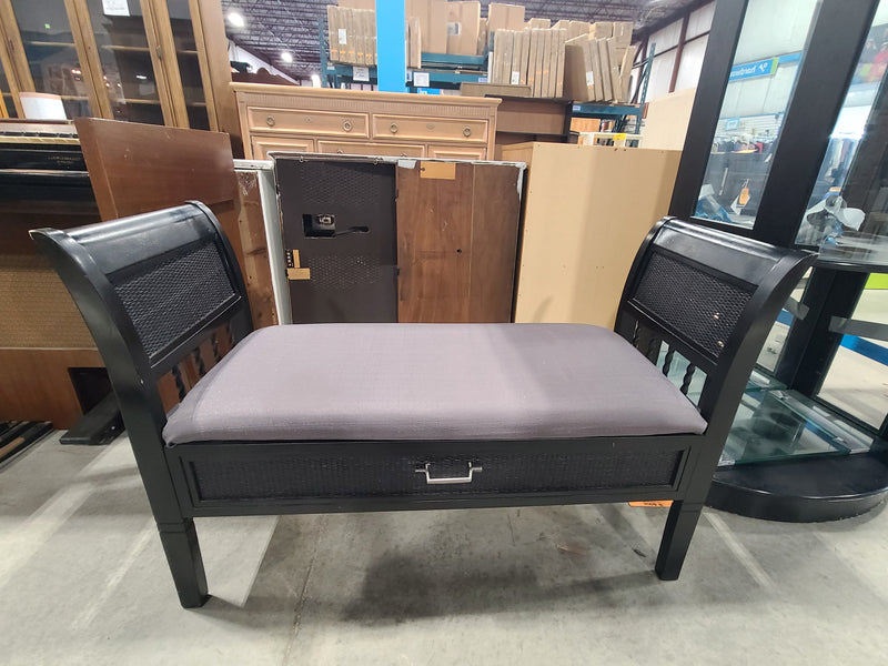 Black Sleigh Bench with Storage Drawer & Woven Accent