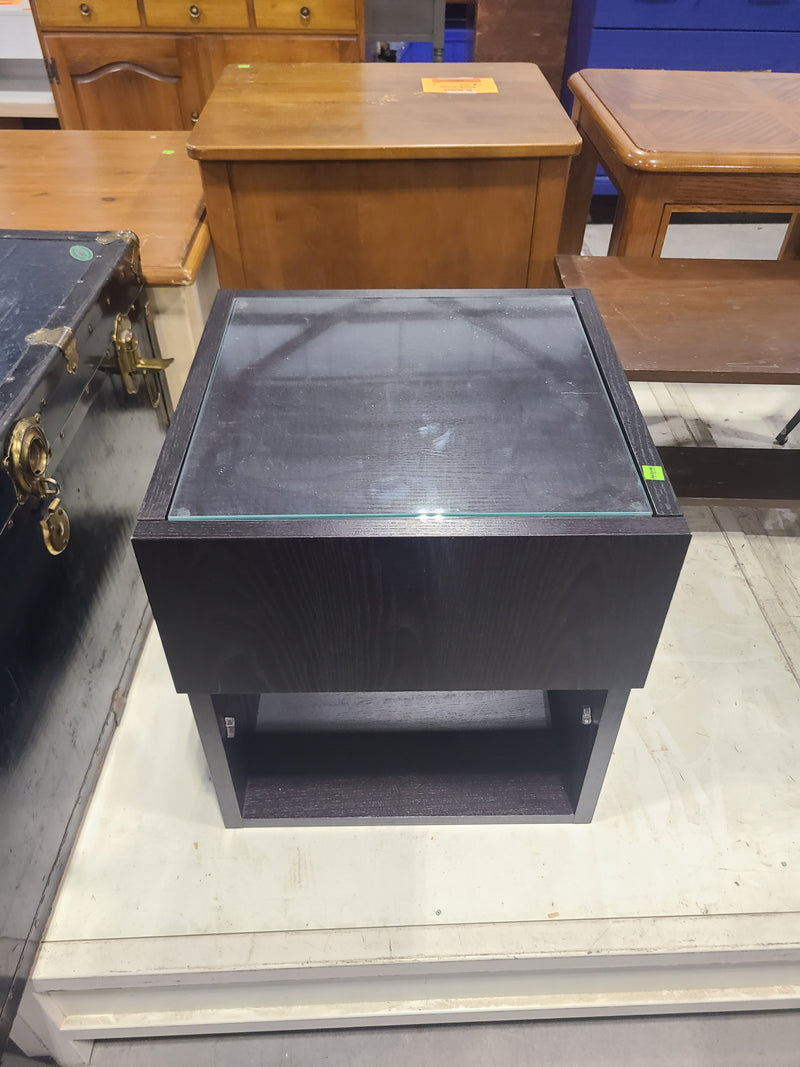 Modern Black Glass-Top End Table Nightstand with Open Cubby
