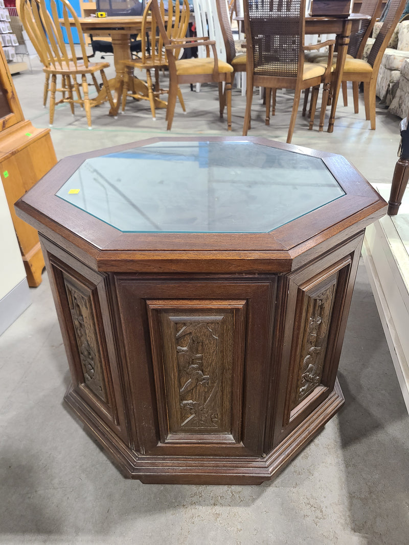 Vintage Hand-Carved Asian Wooden Octagonal Side Table with Glass Top