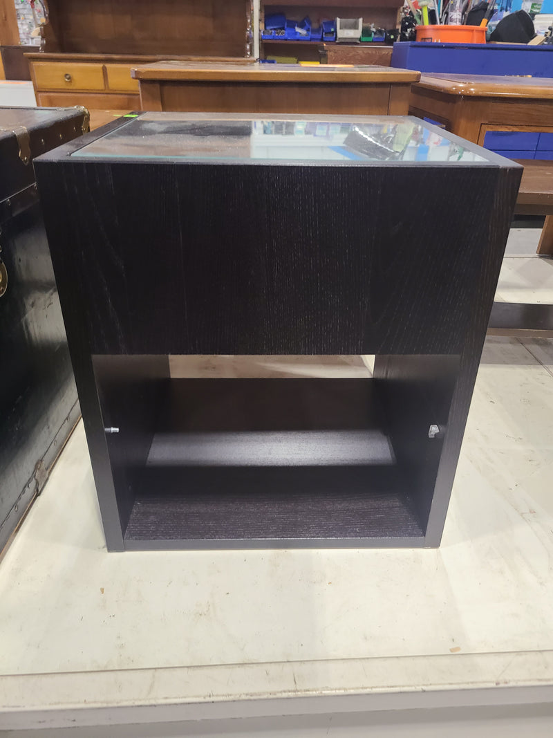 Modern Black Glass-Top End Table Nightstand with Open Cubby