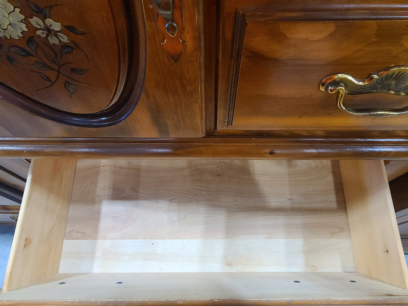Vintage Floral-Inlaid Wood Armoire Chest of Drawers – Warm Honey Finish
