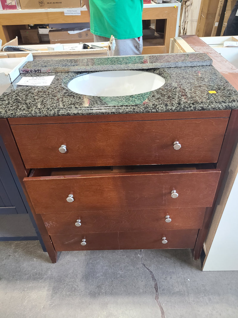 Traditional Wood Bathroom Vanity with Green Granite Top & Sink