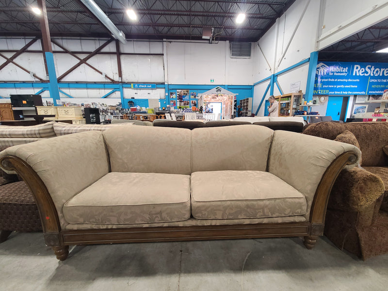 Elegant Traditional Beige Damask Sofa with Carved Wood Trim