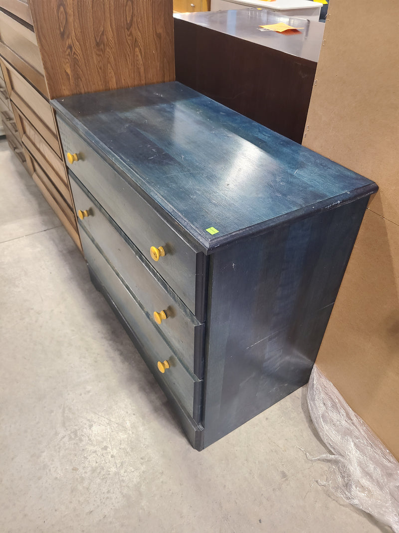 Blue Stained Wooden 3-Drawer Dresser with Yellow Knobs