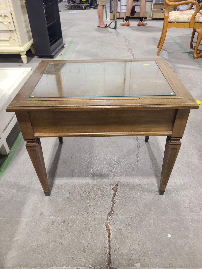 Vintage Traditional Glass-Top Wooden End Table with Storage Drawer