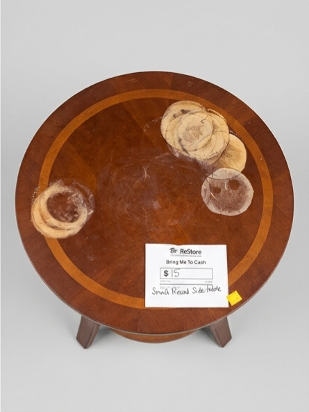 Classic Wooden Round Side Table with Inlay Detail and Lower Shelf