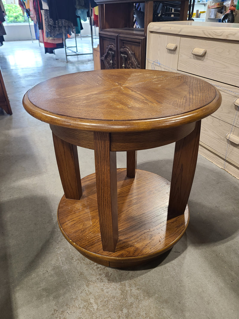 Traditional Round Oak End Table with Parquet Sunburst Top & Lower Shelf