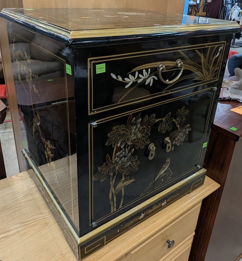 Vintage Asian Inspired Black Lacquered Side Cabinet
