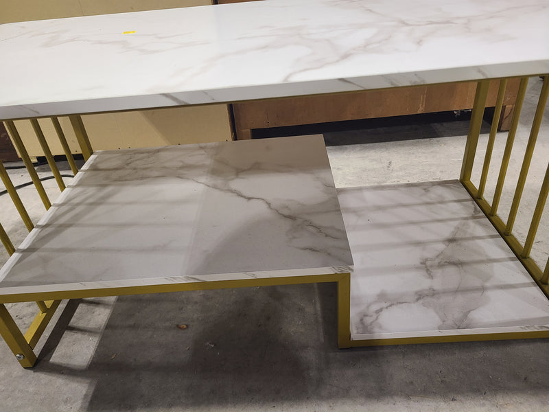 Modern Faux White Marble & Gold Metal Frame Coffee Table with Two-Tier Storage