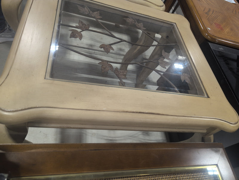 Beige/Pale Yellow Side Table with Glass Top Insert and Leaves