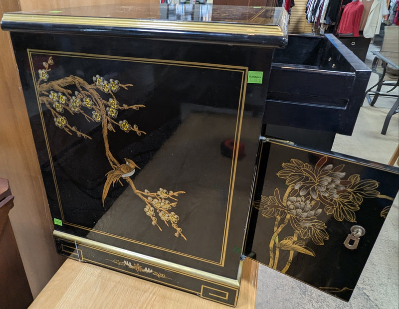 Vintage Asian Inspired Black Lacquered Side Cabinet