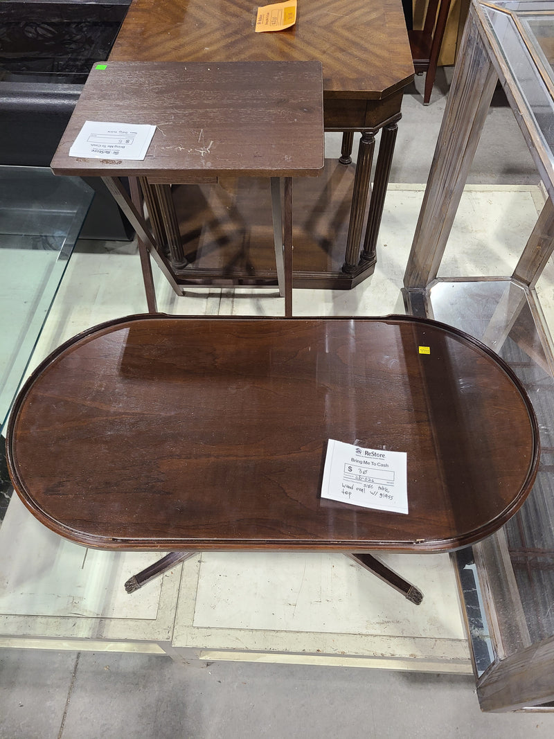 Vintage Oval Wooden Coffee Table with Glass Top