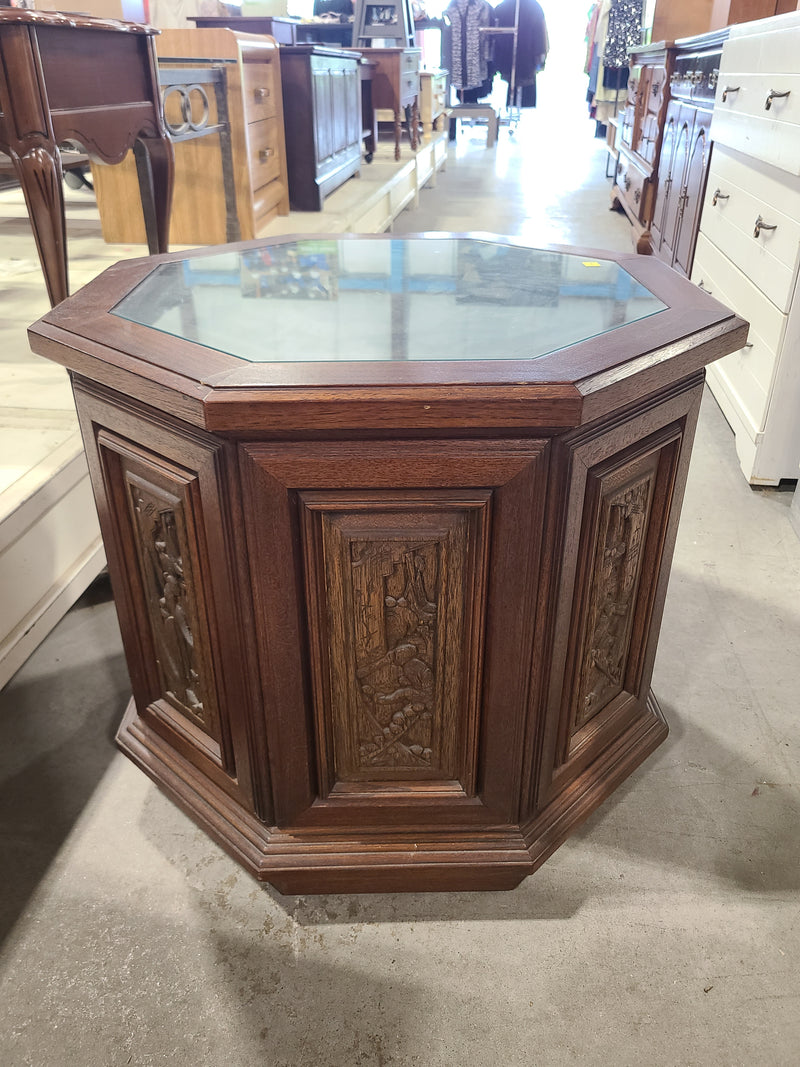 Vintage Hand-Carved Asian Wooden Octagonal Side Table with Glass Top