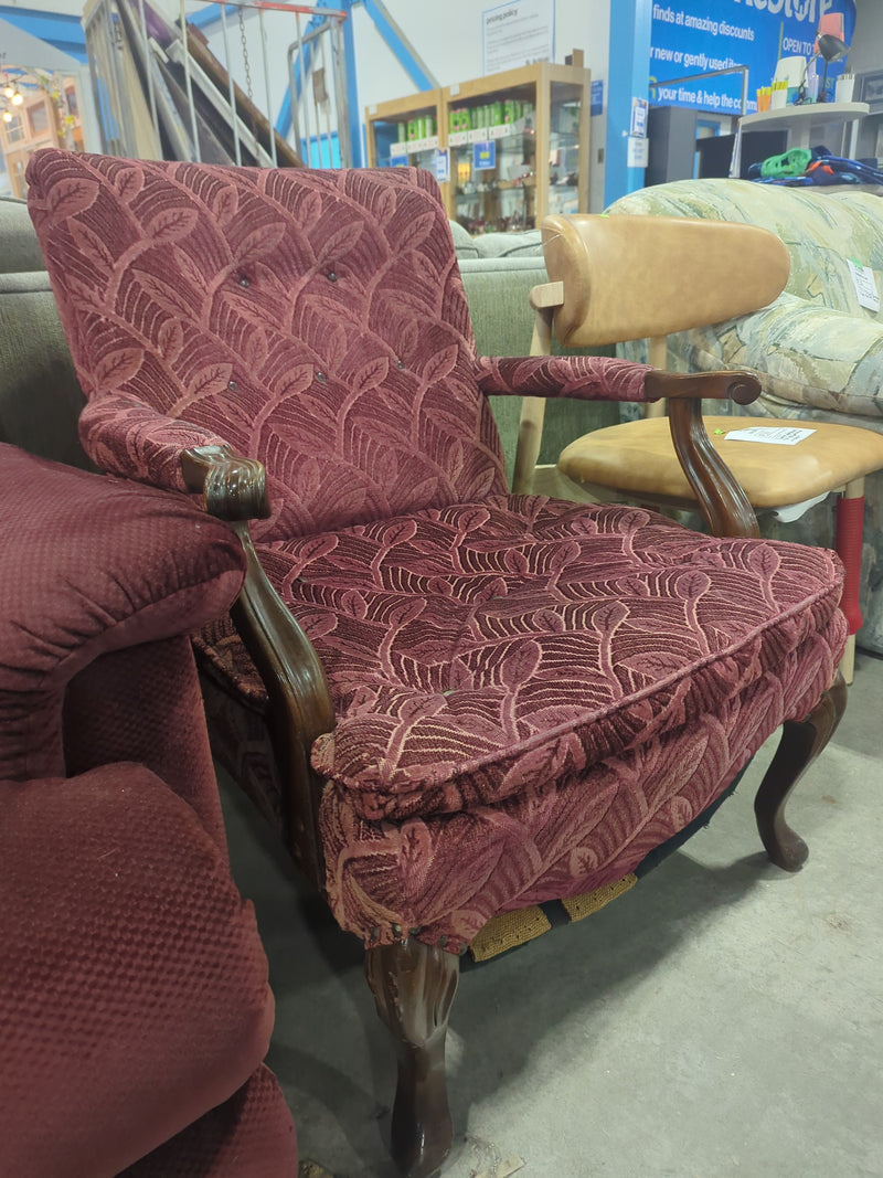 Vintage Upholstered Red Leaf Patterned Armchair