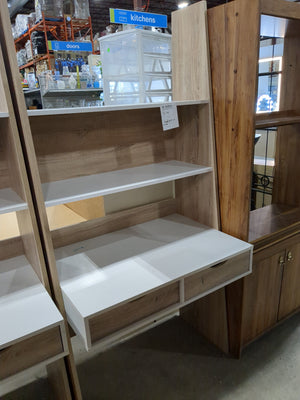 Angled beige Desk with white shelves and tabletop
