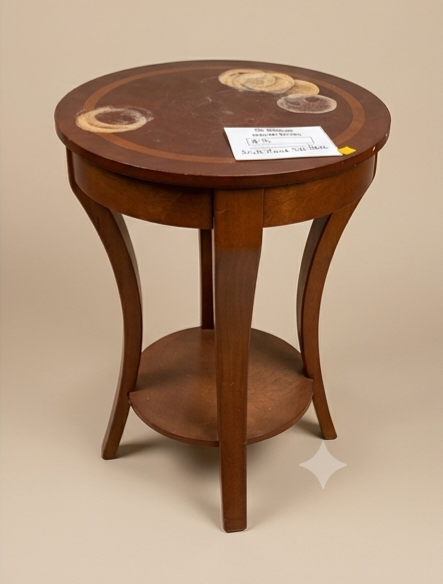 Classic Wooden Round Side Table with Inlay Detail and Lower Shelf