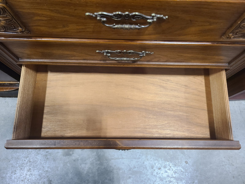 Vintage Floral-Carved Wood Armoire Chest of Drawers – Medium Oak Finish