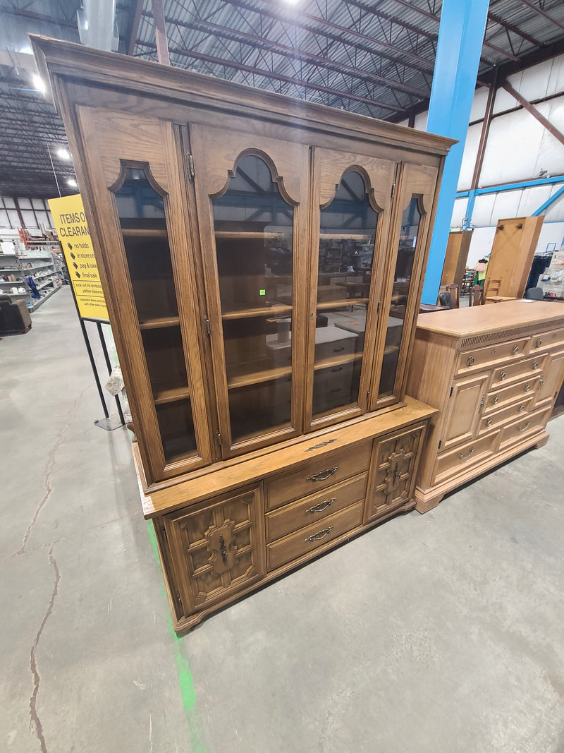 Vintage Oak Large Two-Piece China Cabinet & Buffet Credenza