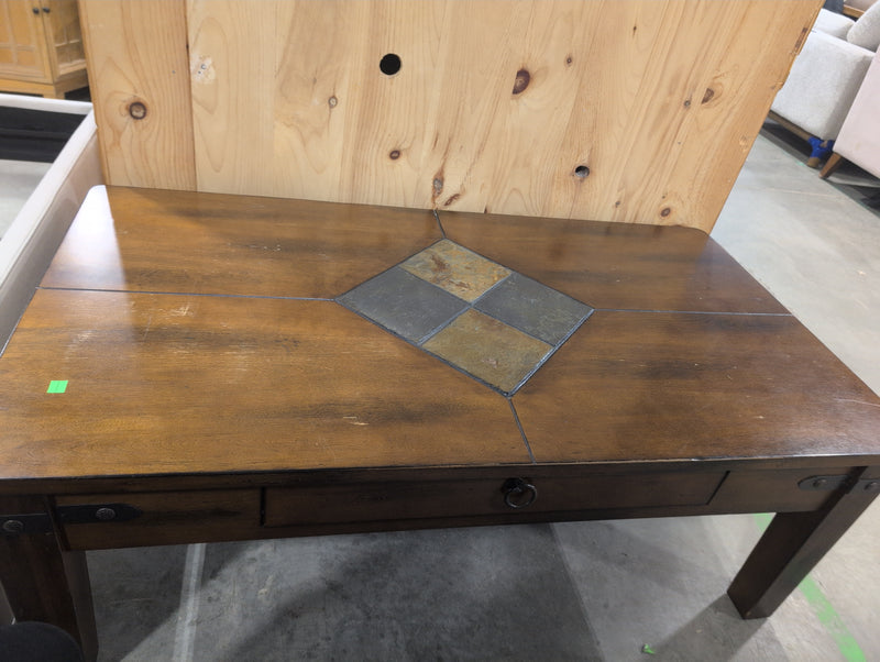 Wooden Large Coffee Table with Tile Detail in Centre with Drawer