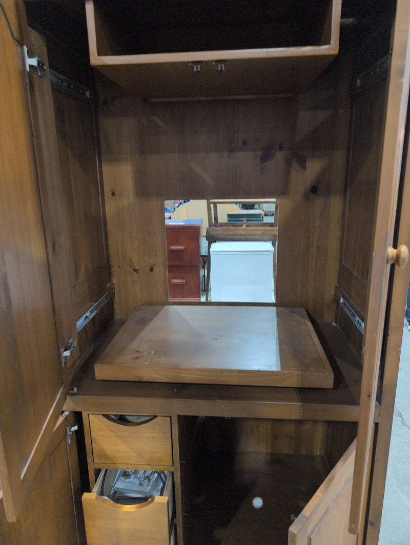 Tall Wooden Media Unit With Ornate Top