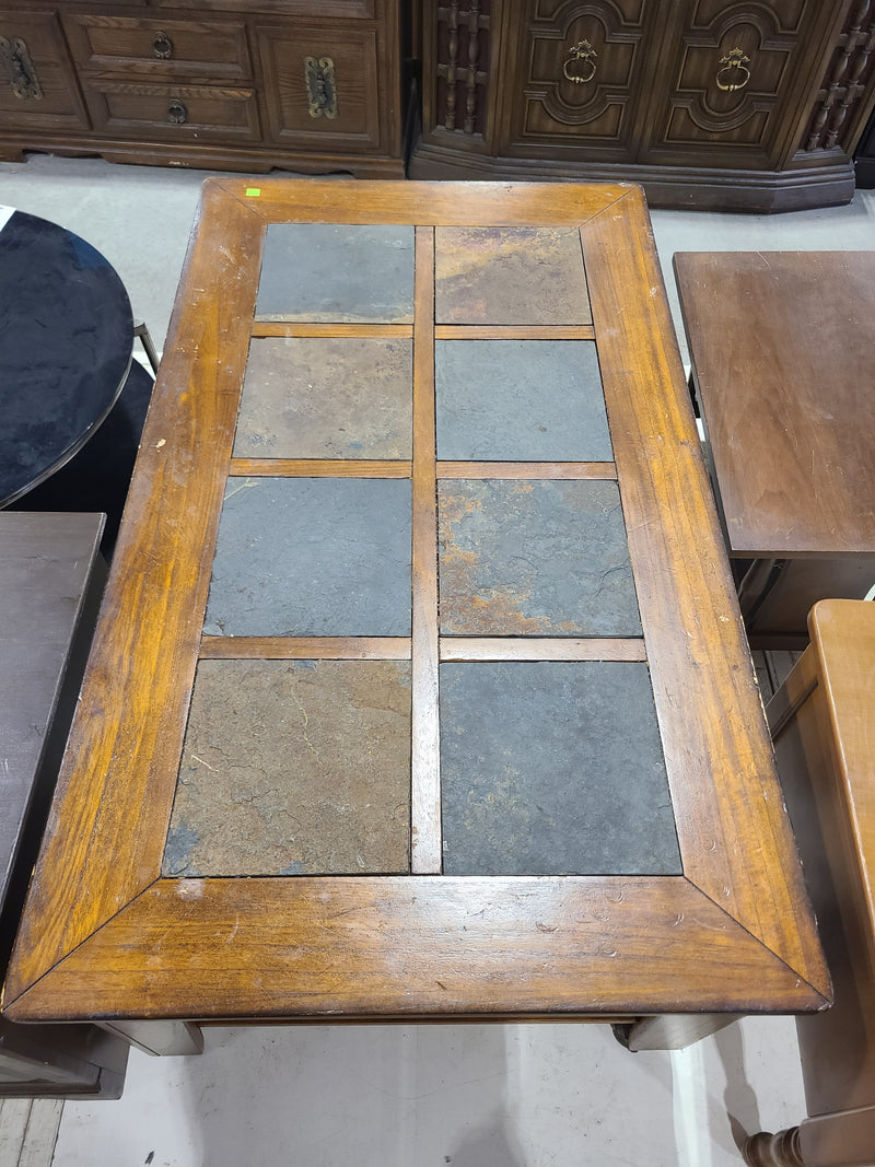Rustic Slate Tile Top Wooden Coffee Table on Casters
