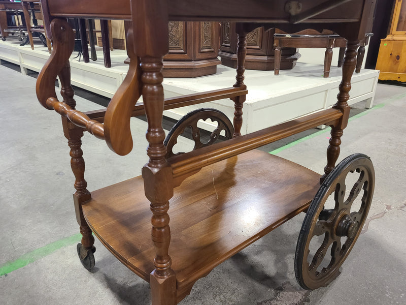 Vintage Drop-Leaf Wood Tea & Bar Cart with Spoke Wheels