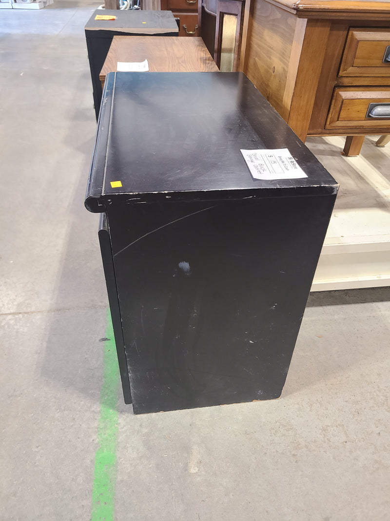 Small Black Two-Door Storage Cabinet with Metallic Trim