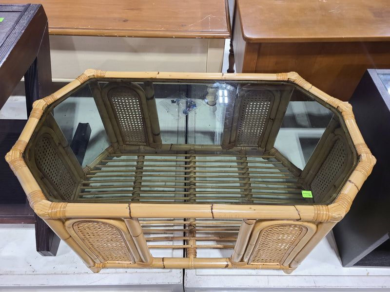 Vintage Bamboo & Rattan Glass-Top Coffee Table with Cane Webbing